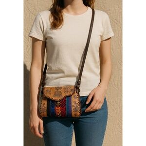 Vintage Handmade Peruvian Leather & Tapestry Crossbody Bag